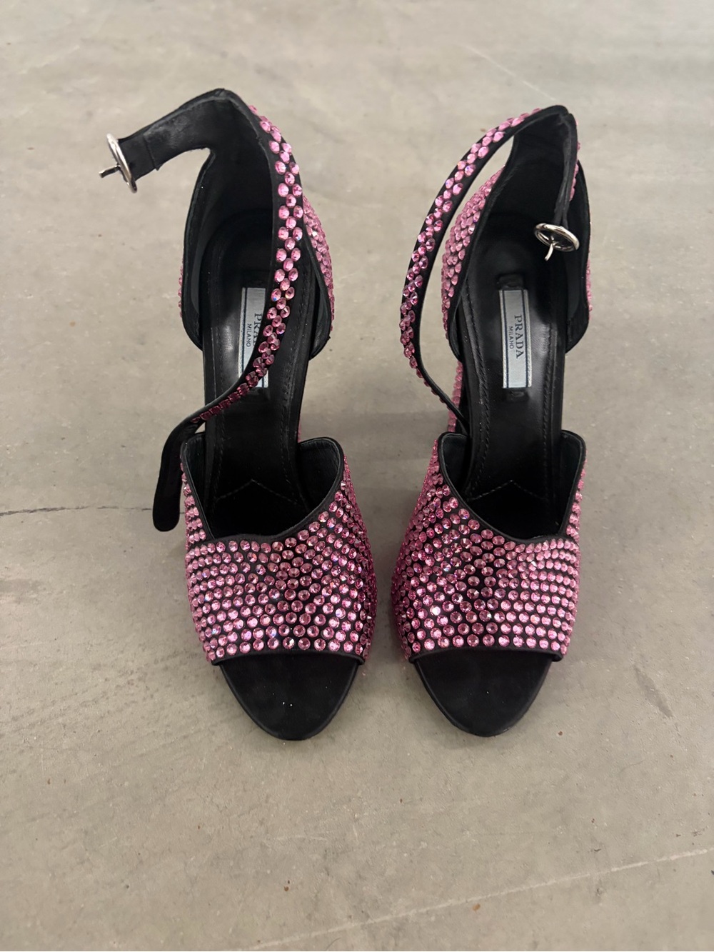 Prada Black Sandals with Pink Crystal Embellishment